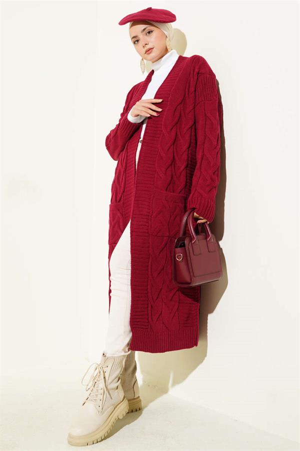 Long Cardigan with Pocket and Knitted Pattern, Burgundy