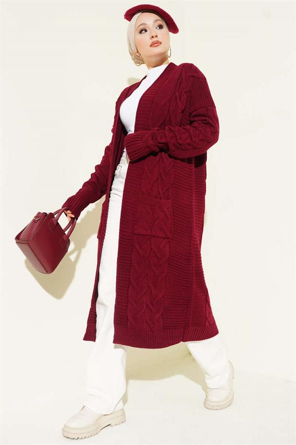 Long Cardigan with Pockets and Knitted Pattern, Burgundy