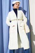 Knitted Patterned Long Cardigan with Pockets, Ecru