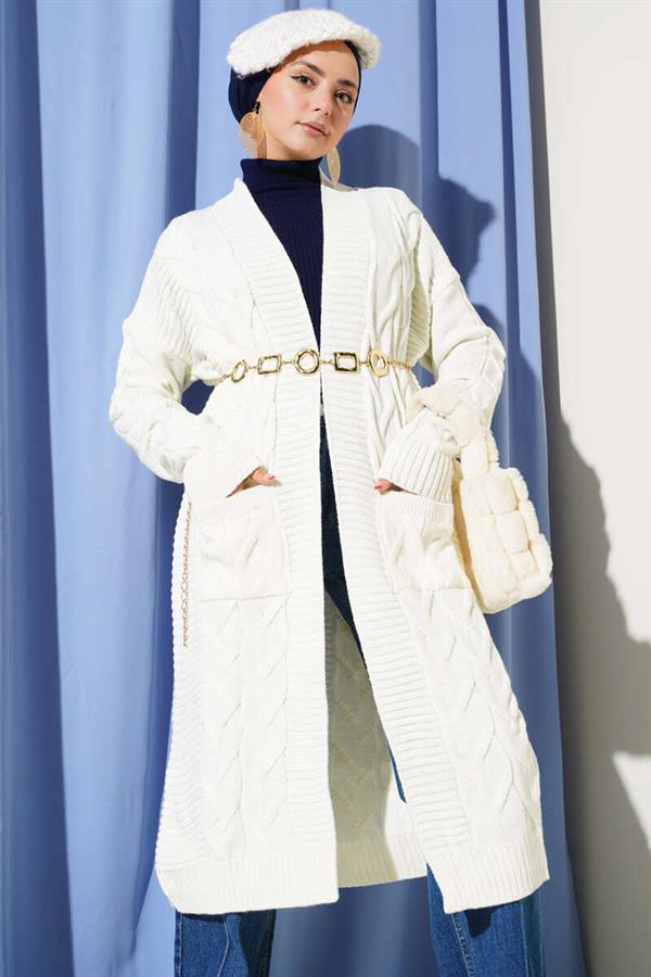Knitted Patterned Long Cardigan with Pockets, Ecru