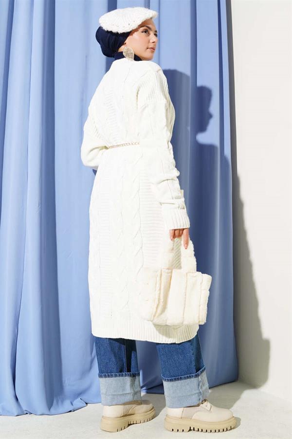 Knitted Patterned Long Cardigan with Pockets, Ecru
