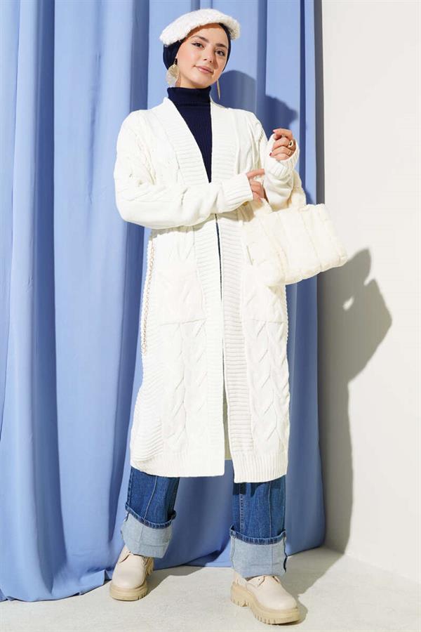 Knitted Patterned Long Cardigan with Pockets, Ecru