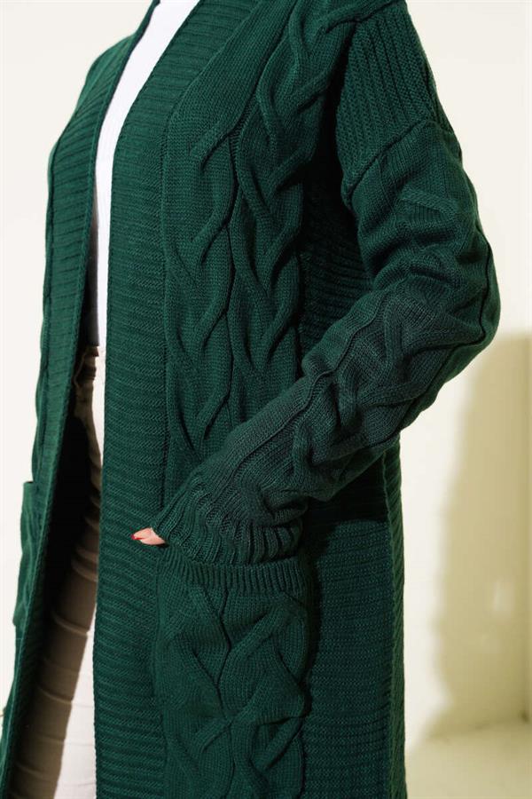 Pocket Knitted Patterned Long Cardigan Emerald