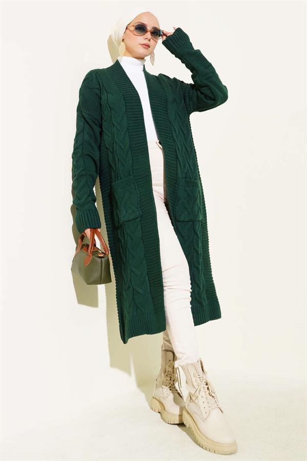 Pocket Knitted Patterned Long Cardigan Emerald