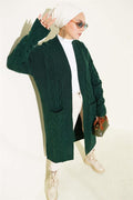 Pocket Knitted Patterned Long Cardigan Emerald