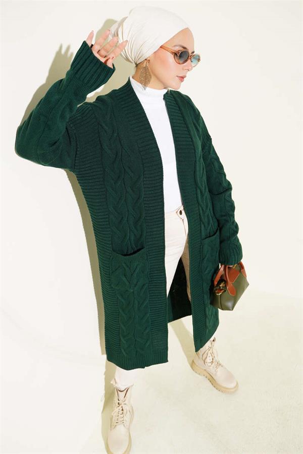 Pocket Knitted Patterned Long Cardigan Emerald