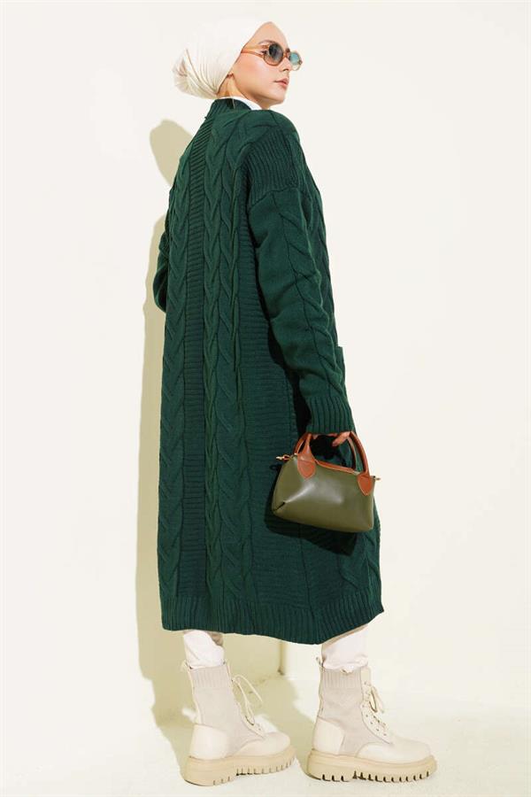 Pocket Knitted Patterned Long Cardigan Emerald