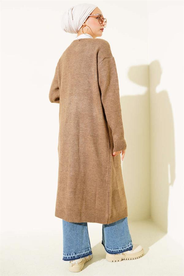 Long Knitted Cardigan with Pockets, Mink Color
