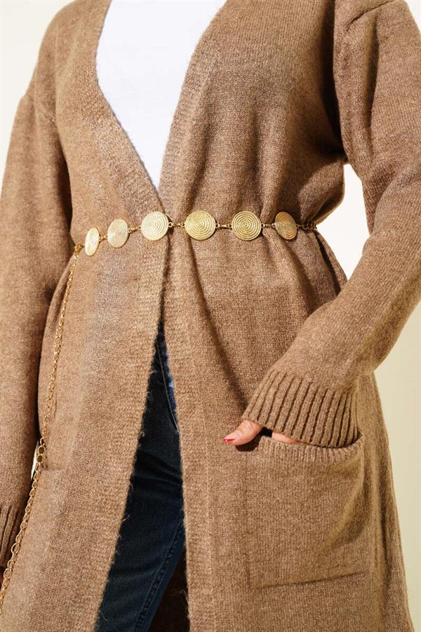 Long Knitted Cardigan with Pockets, Mink Color