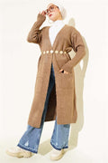Long Knitted Cardigan with Pockets, Mink Color