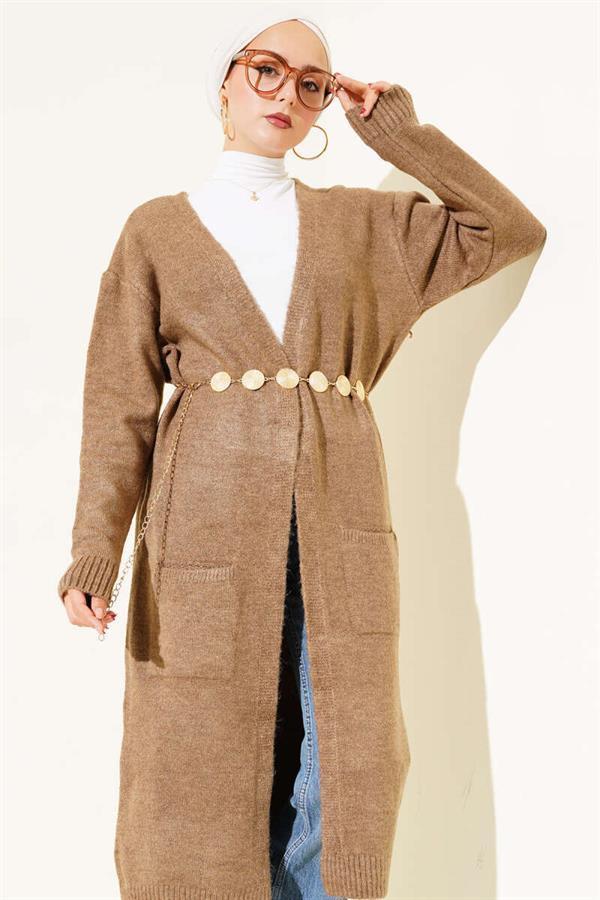 Long Knitted Cardigan with Pockets, Mink Color