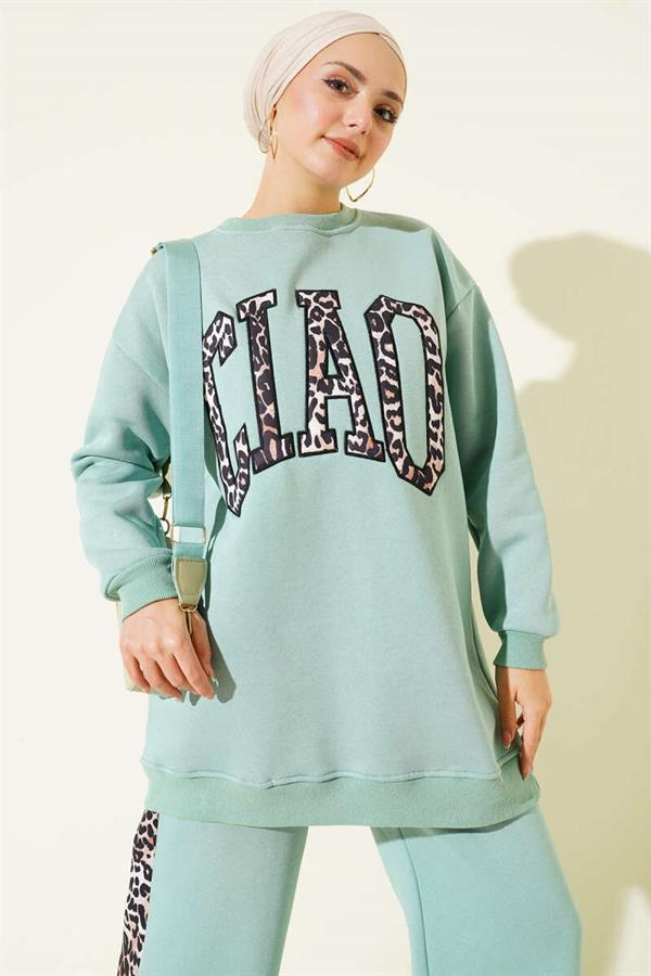 Ciao Leopard Printed Three-Piece Thread 2 Piece Set Almond Green
