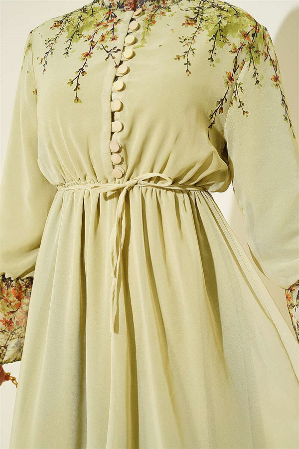Floral Print British Buttoned Chiffon Dress in Sage Green