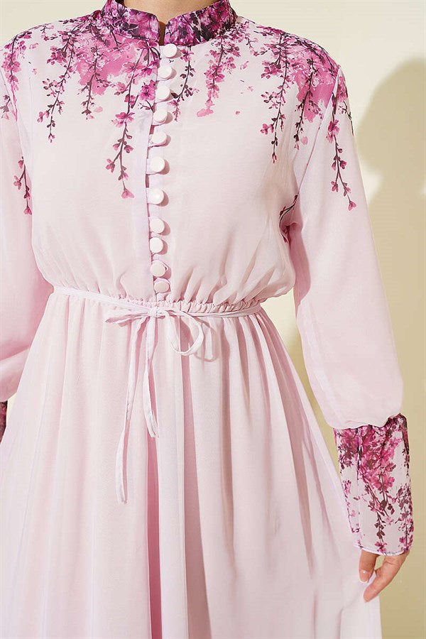 Floral Print British Buttoned Chiffon Dress Pink