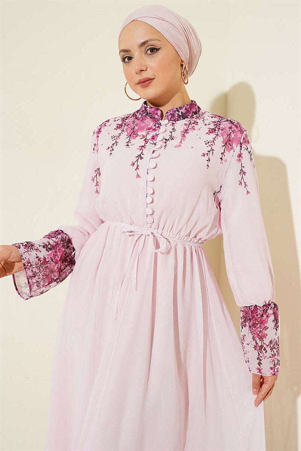 Floral Print British Buttoned Chiffon Dress Pink