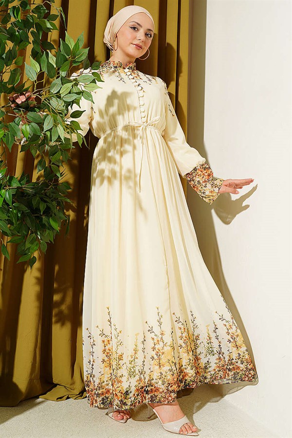 Floral Print British Buttoned Chiffon Dress Yellow