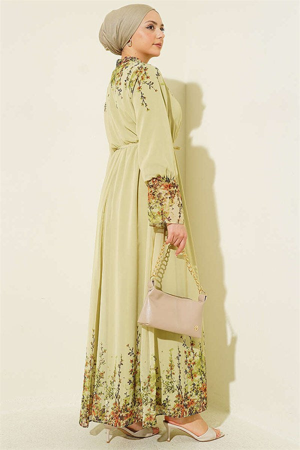 Floral Print British Buttoned Chiffon Dress in Sage Green
