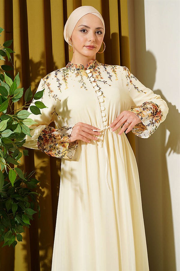 Floral Print British Buttoned Chiffon Dress Yellow