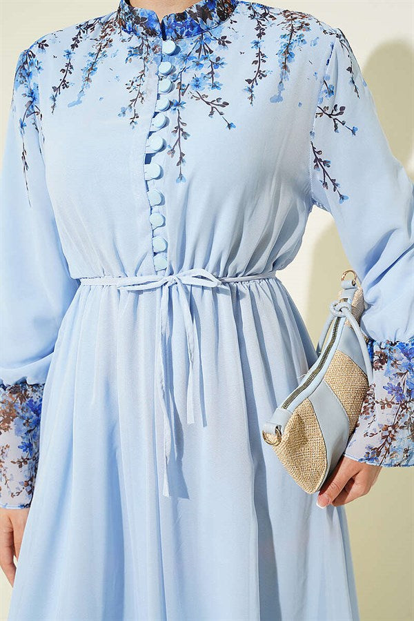 Floral Print British Buttoned Chiffon Dress Baby Blue