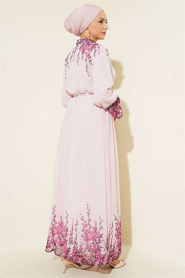 Floral Print British Buttoned Chiffon Dress Pink