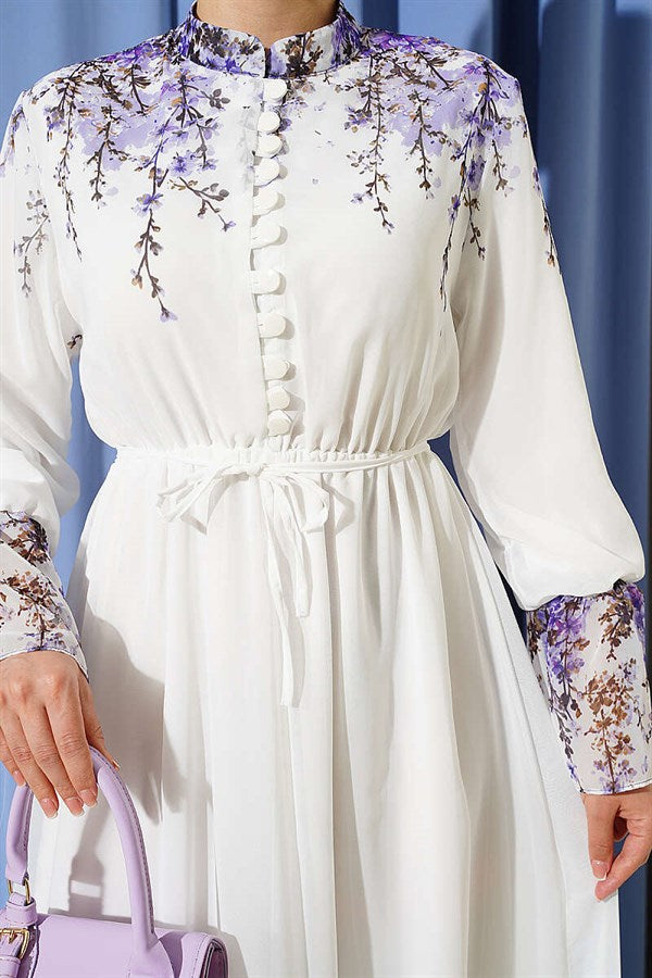 Floral Print British Buttoned Chiffon Dress, Ecru