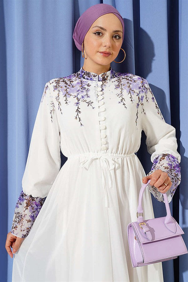 Floral Print British Buttoned Chiffon Dress, Ecru