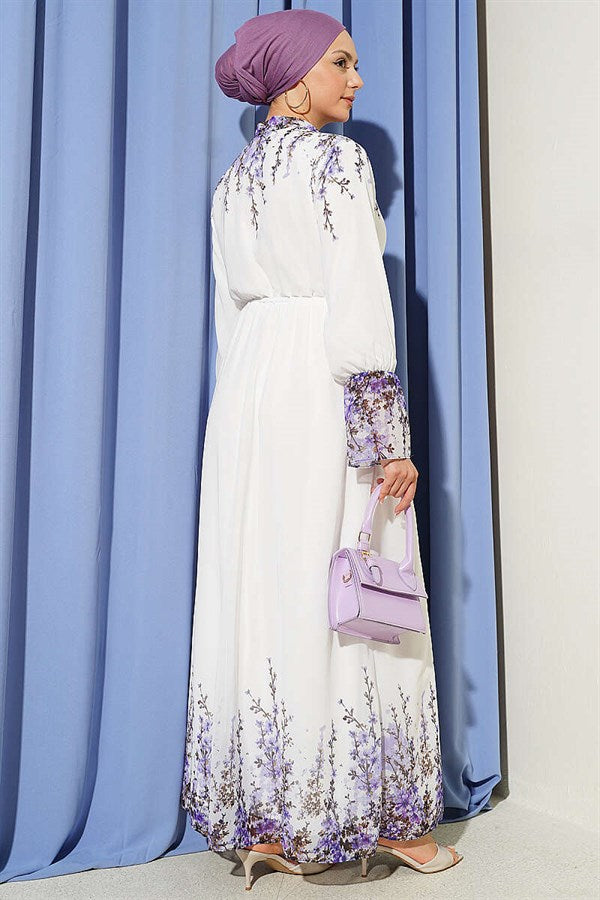 Floral Print British Buttoned Chiffon Dress, Ecru