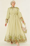 Floral Print British Buttoned Chiffon Dress in Sage Green