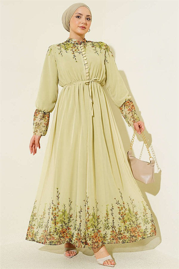 Floral Print British Buttoned Chiffon Dress in Sage Green