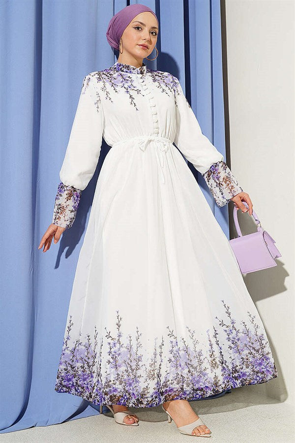 Floral Print British Buttoned Chiffon Dress, Ecru