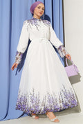 Floral Print British Buttoned Chiffon Dress, Ecru