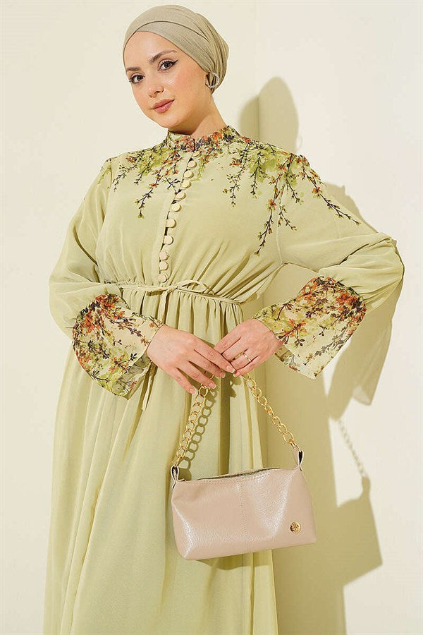 Floral Print British Buttoned Chiffon Dress in Sage Green