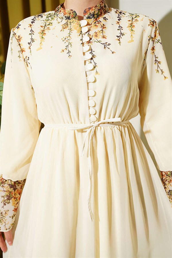Floral Print British Buttoned Chiffon Dress Yellow