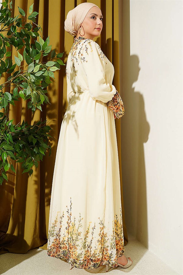 Floral Print British Buttoned Chiffon Dress Yellow