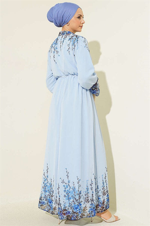 Floral Print British Buttoned Chiffon Dress Baby Blue