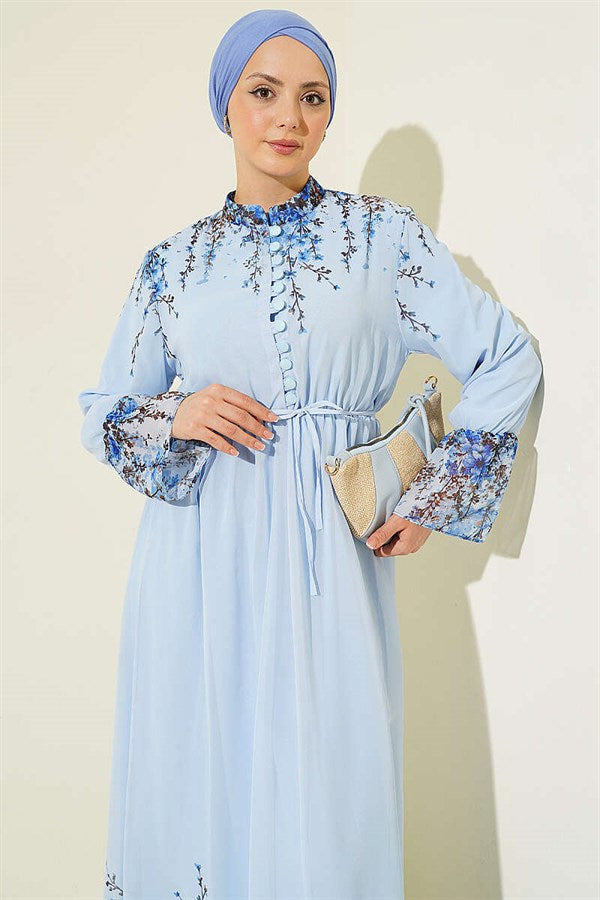 Floral Print British Buttoned Chiffon Dress Baby Blue