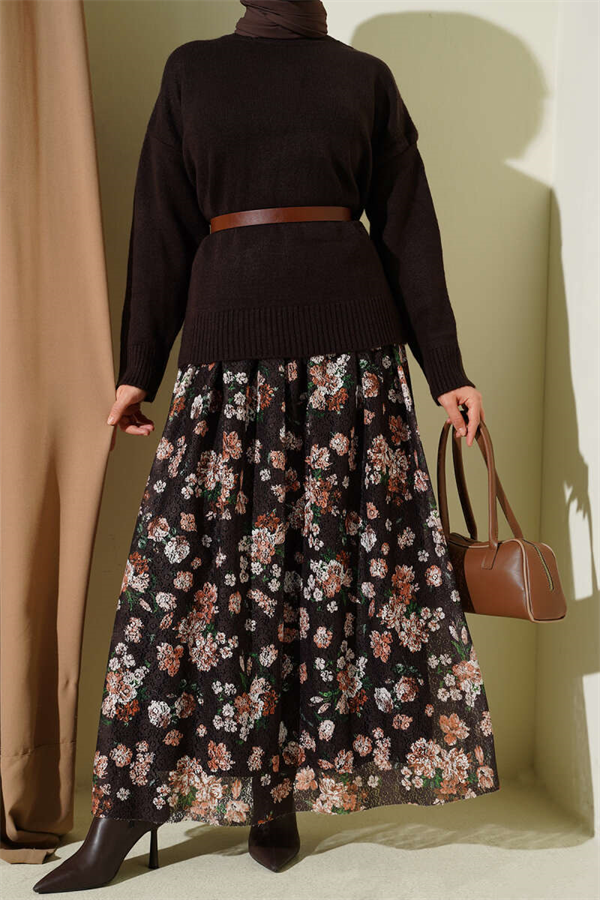 Floral Print Lace Skirt, Brown