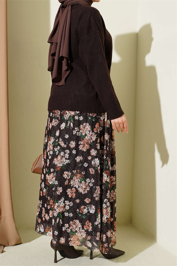 Floral Print Lace Skirt, Brown