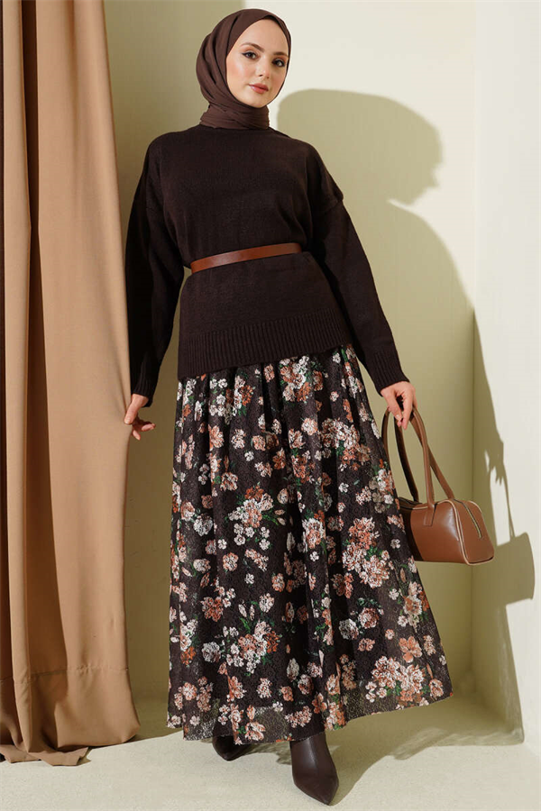 Floral Print Lace Skirt, Brown