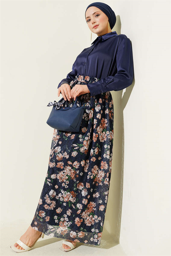 Floral Print Lace Skirt Navy Blue