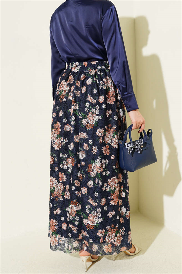 Floral Print Lace Skirt Navy Blue