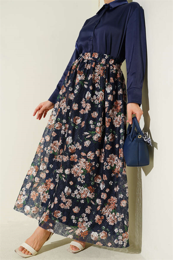 Floral Print Lace Skirt Navy Blue