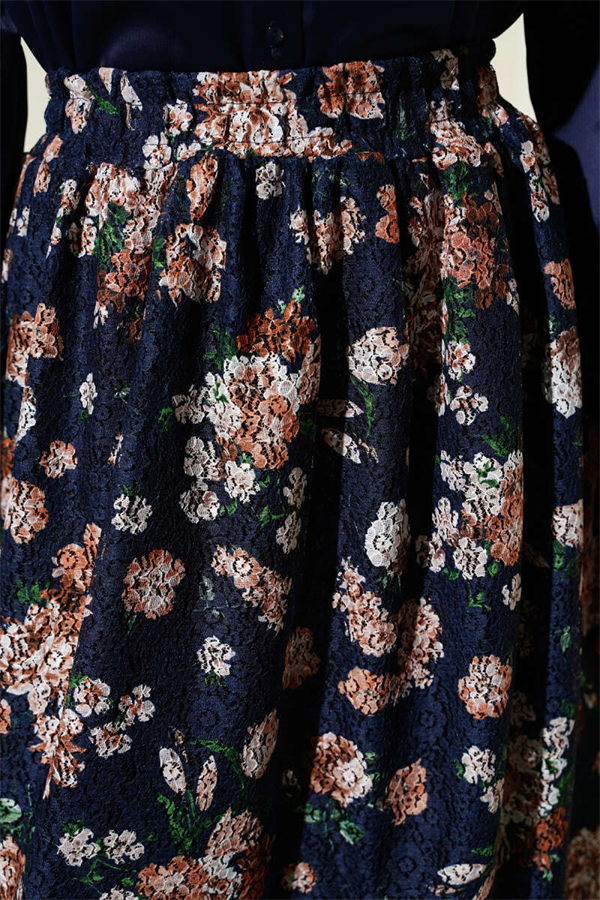 Floral Print Lace Skirt Navy Blue