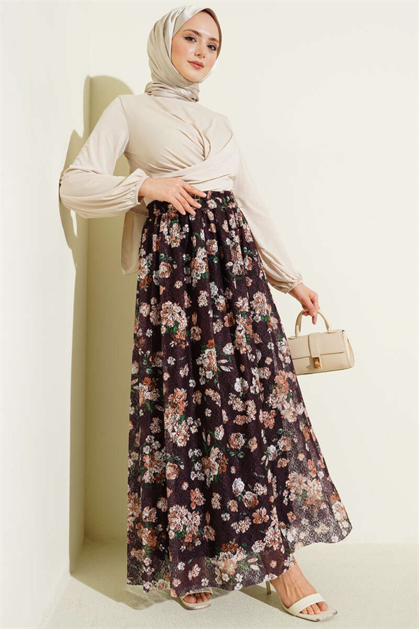 Floral Print Lace Skirt, Plum