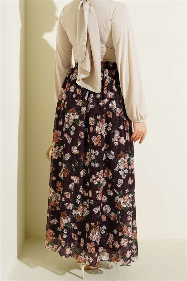 Floral Print Lace Skirt, Plum