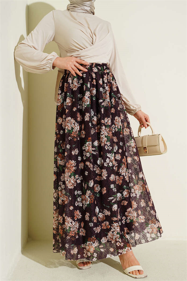 Floral Print Lace Skirt, Plum