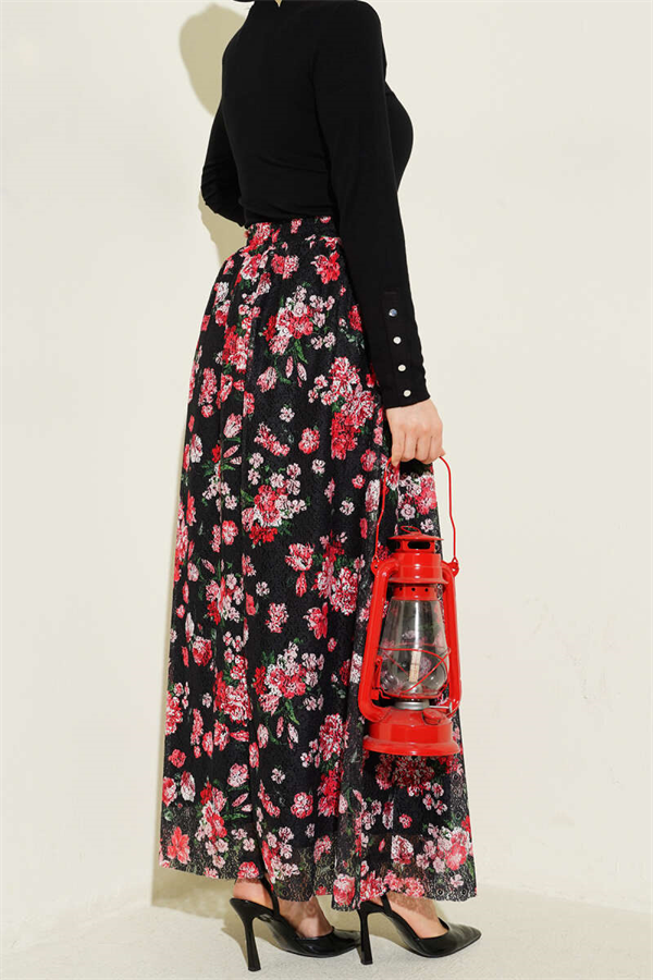 Floral Print Lace Skirt Black Red