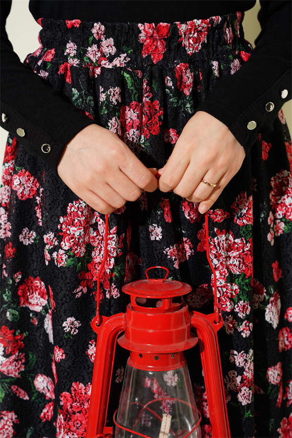 Floral Print Lace Skirt Black Red