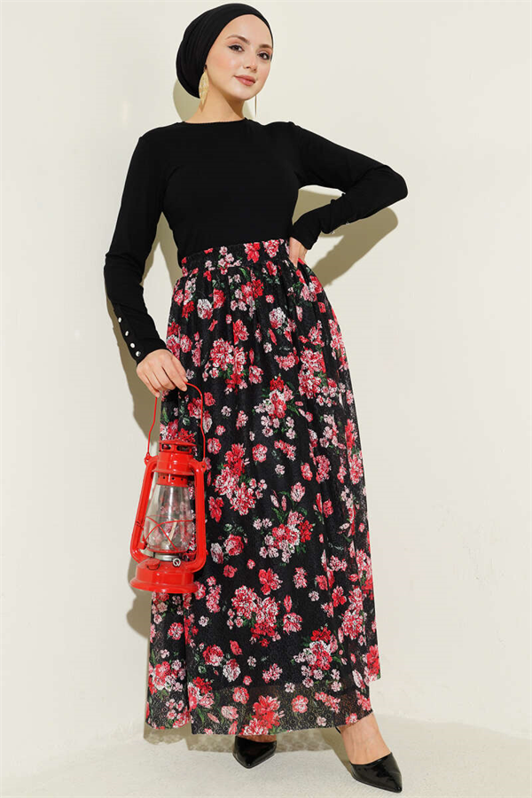 Floral Print Lace Skirt Black Red