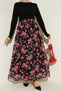 Floral Print Lace Skirt Black Red